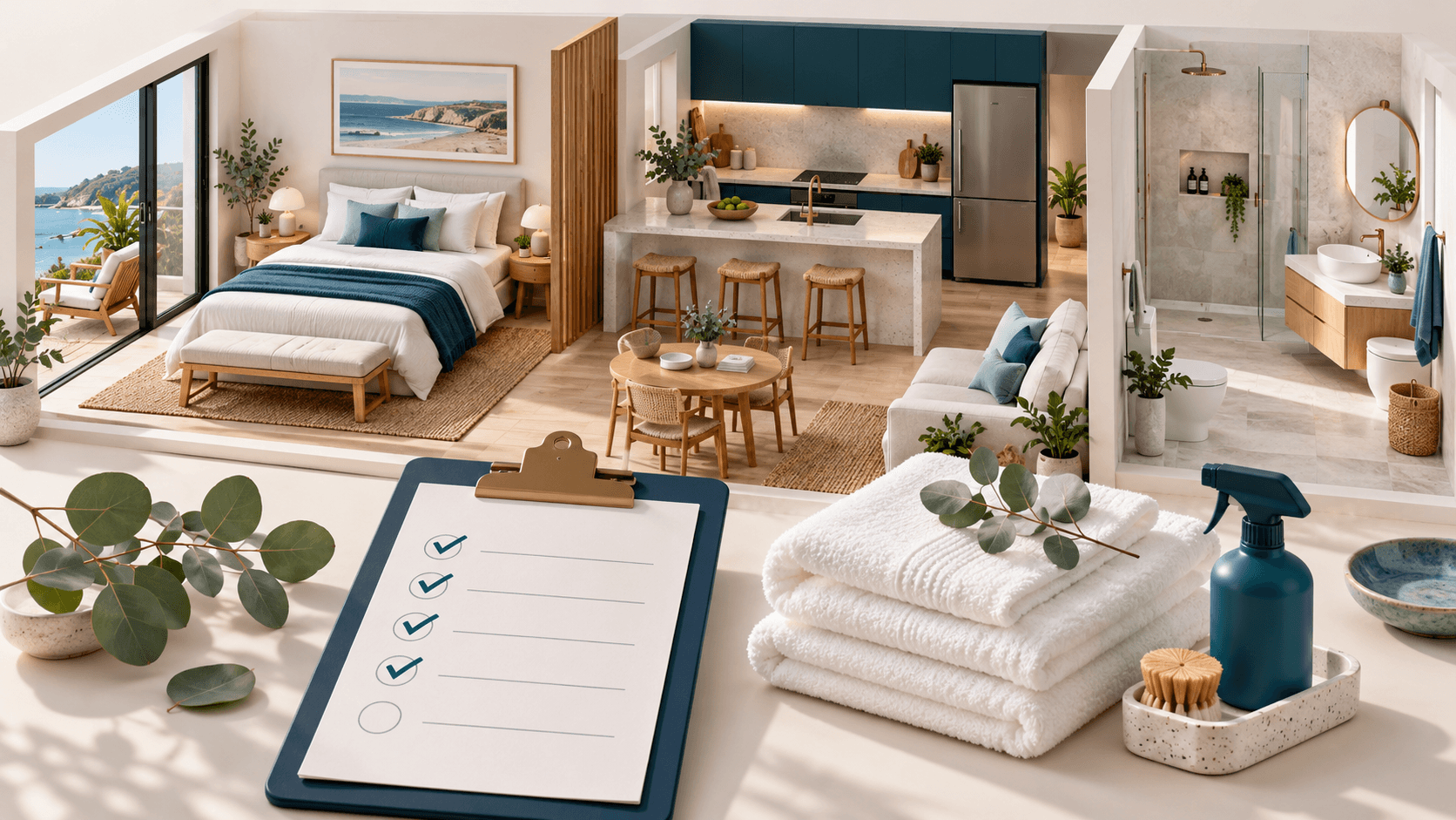 Illustration of a guest-ready apartment with a cleaning checklist, fresh towels and supplies.