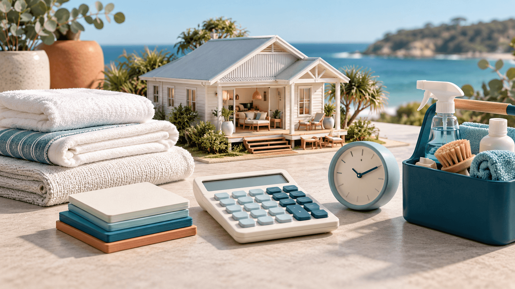 Miniature Australian coastal holiday home beside clean linen, a calculator, clock and cleaning supplies.