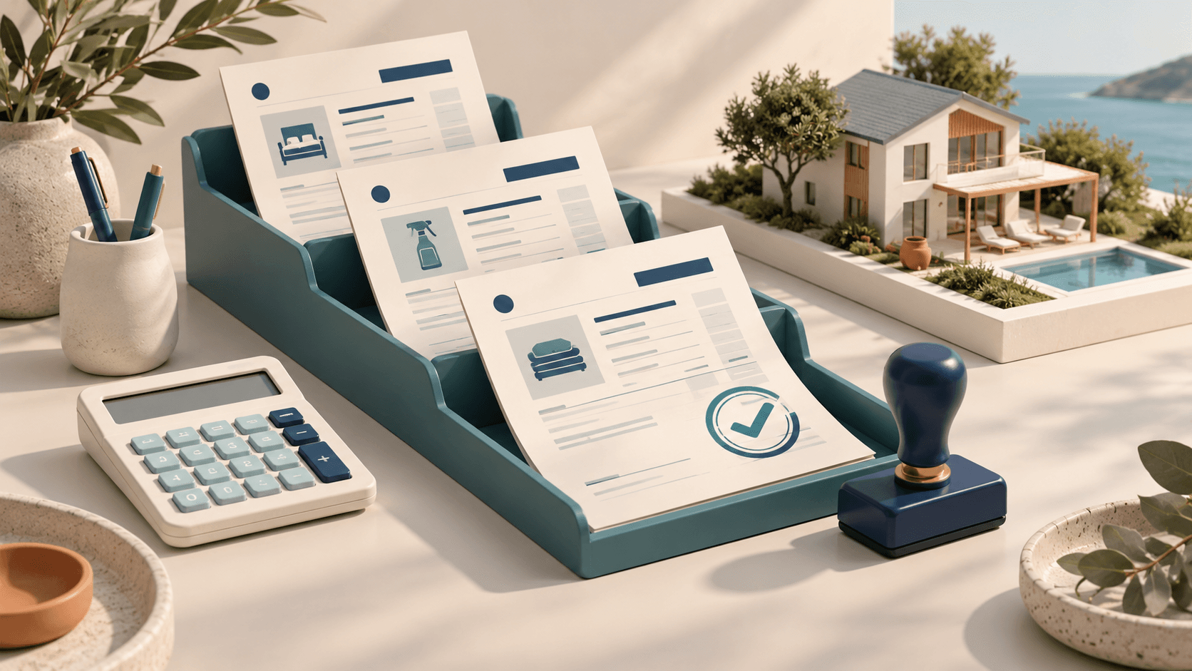 Illustrated cleaning invoices in an approval tray beside a calculator, approval stamp and miniature rental home.